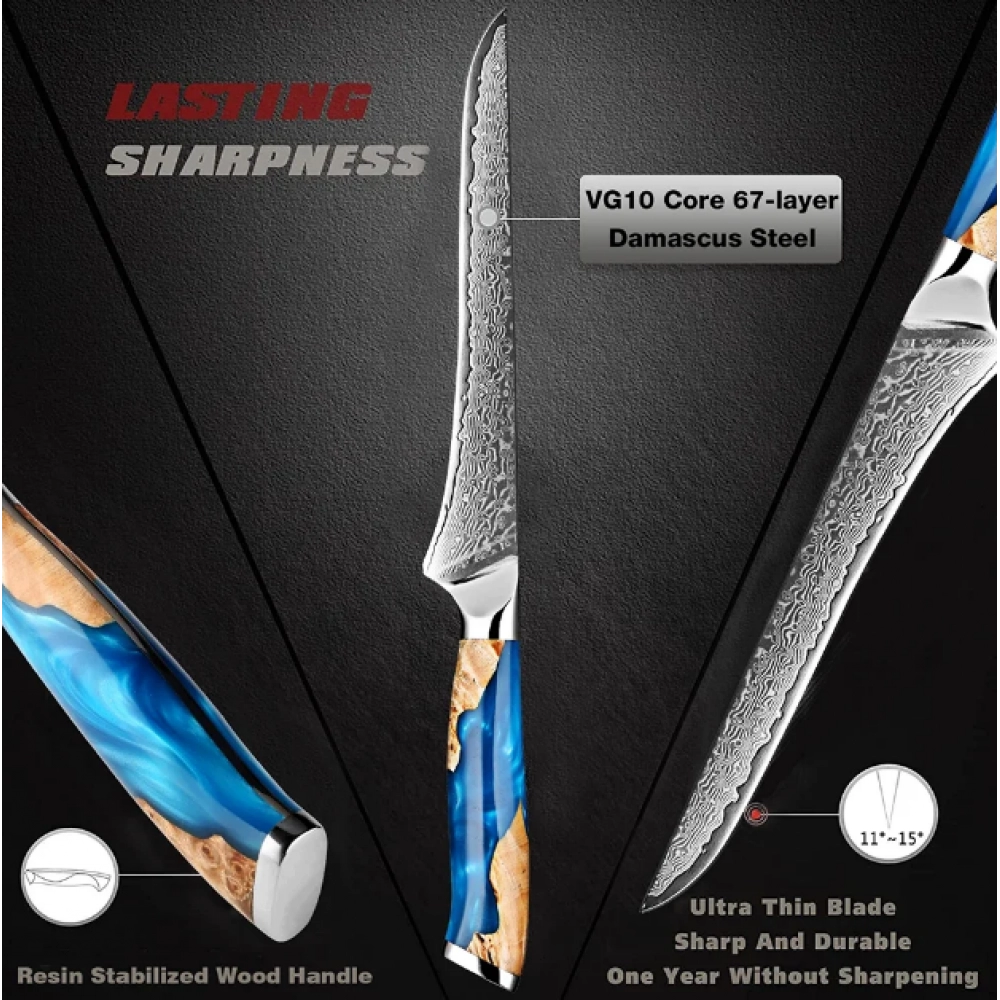Professional Damascus Steel Boning Knife 6Inch Boning Fillet Knife Resin Stable Wooden Handle Boneless Sliced Fish Sashimi Knife